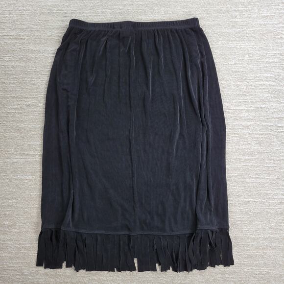 Chicos Travelers Fringe Skirt Womens XL Black Ribbed Faux Wrap Slinky Rodeo - Picture 10 of 10